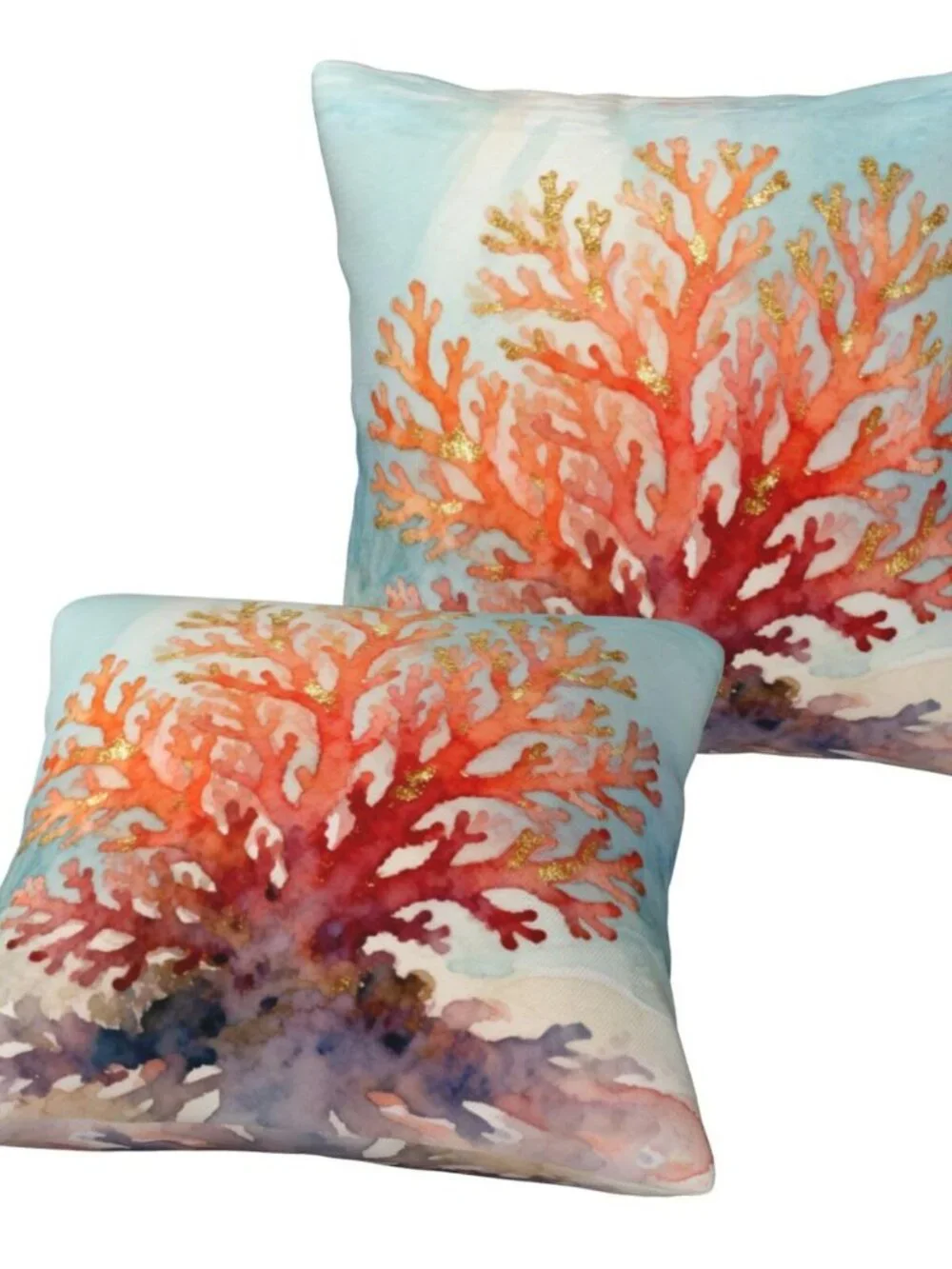 Coastal Beach Coral Throw Pillow Covers 18x18 in Set of 2, Decor Decorative Blue